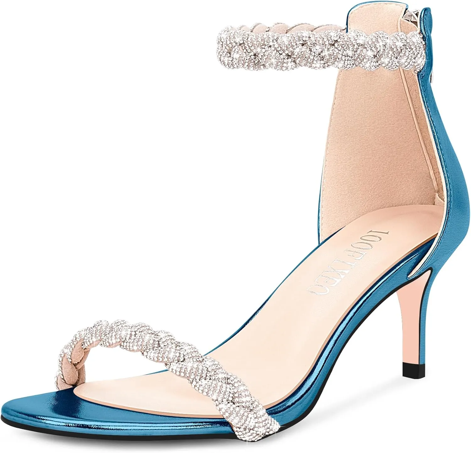 100FIXEO Women's Rhinestone Low Stiletto Heels Ankle Strap Open Toe Heeled Sandals Wedding Dress Shoes