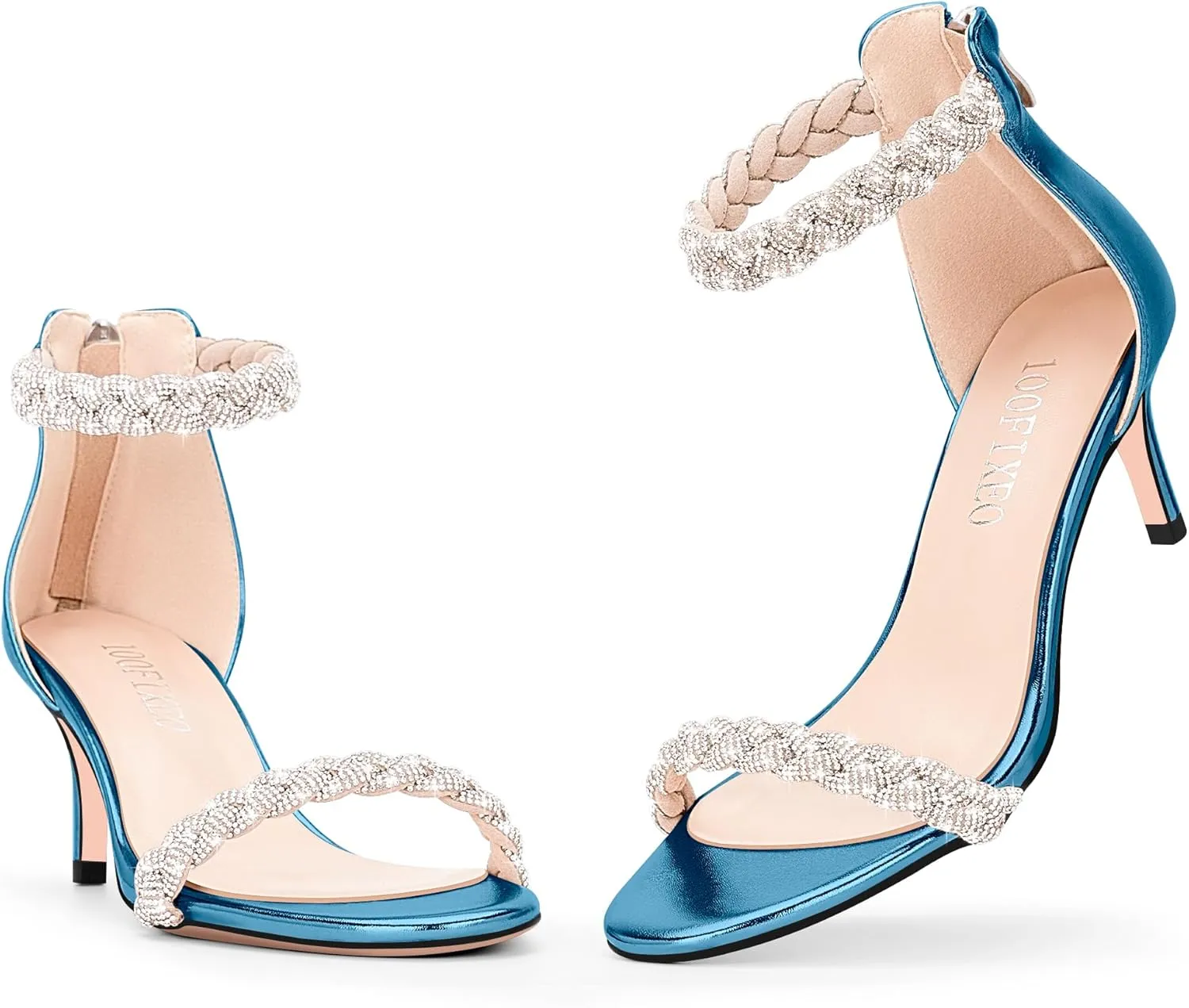 100FIXEO Women's Rhinestone Low Stiletto Heels Ankle Strap Open Toe Heeled Sandals Wedding Dress Shoes