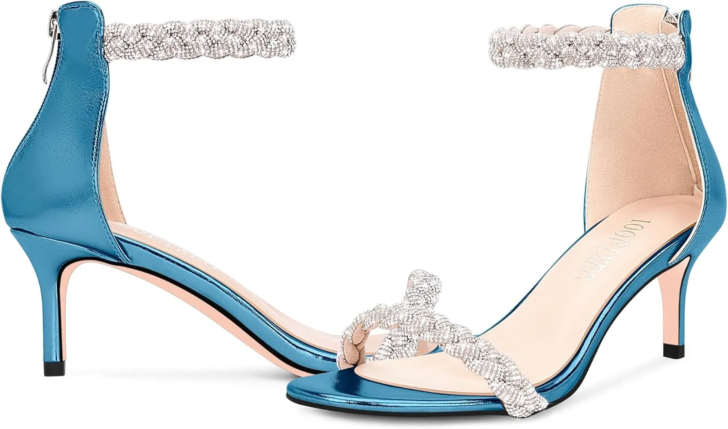 100FIXEO Women's Rhinestone Low Stiletto Heels Ankle Strap Open Toe Heeled Sandals Wedding Dress Shoes