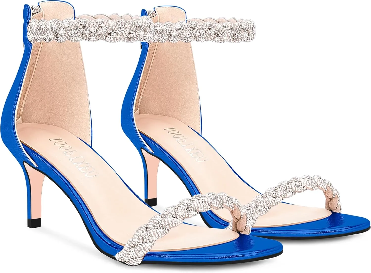 100FIXEO Women's Rhinestone Low Stiletto Heels Ankle Strap Open Toe Heeled Sandals Wedding Dress Shoes