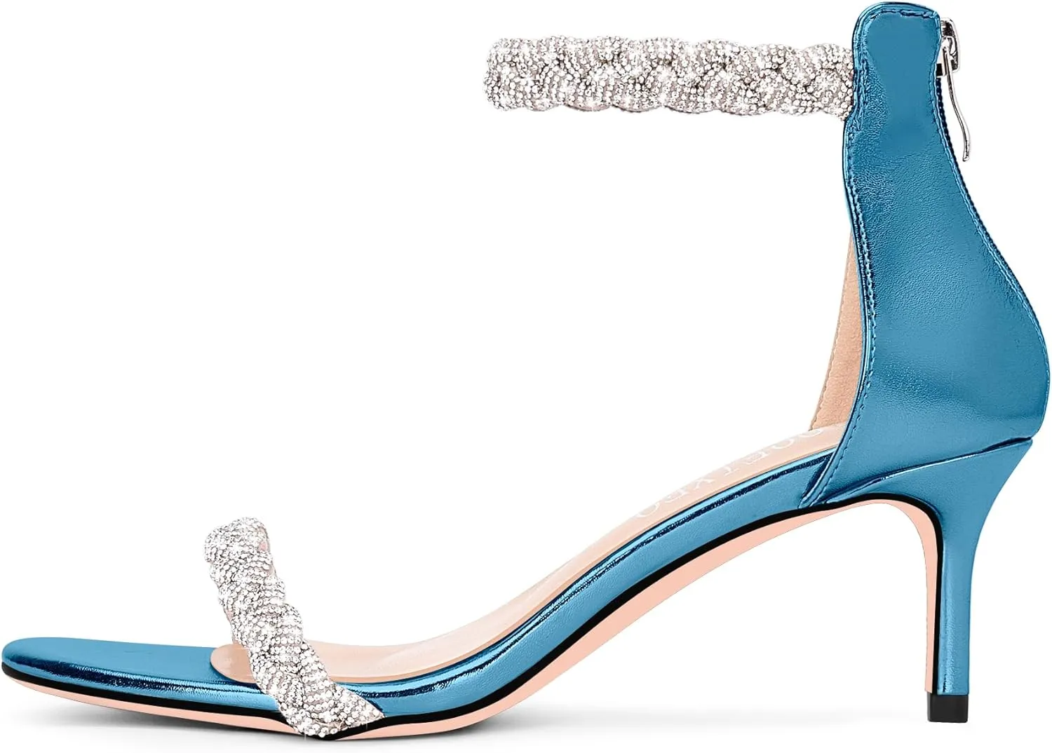 100FIXEO Women's Rhinestone Low Stiletto Heels Ankle Strap Open Toe Heeled Sandals Wedding Dress Shoes