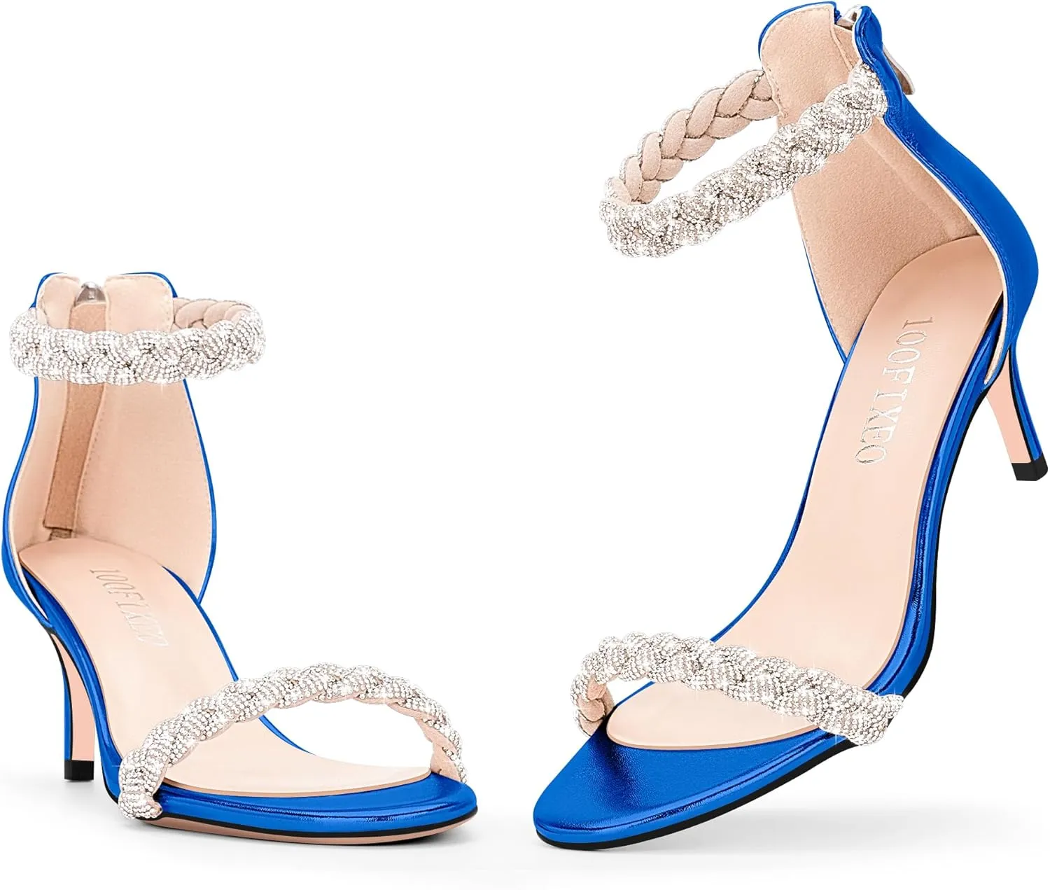 100FIXEO Women's Rhinestone Low Stiletto Heels Ankle Strap Open Toe Heeled Sandals Wedding Dress Shoes