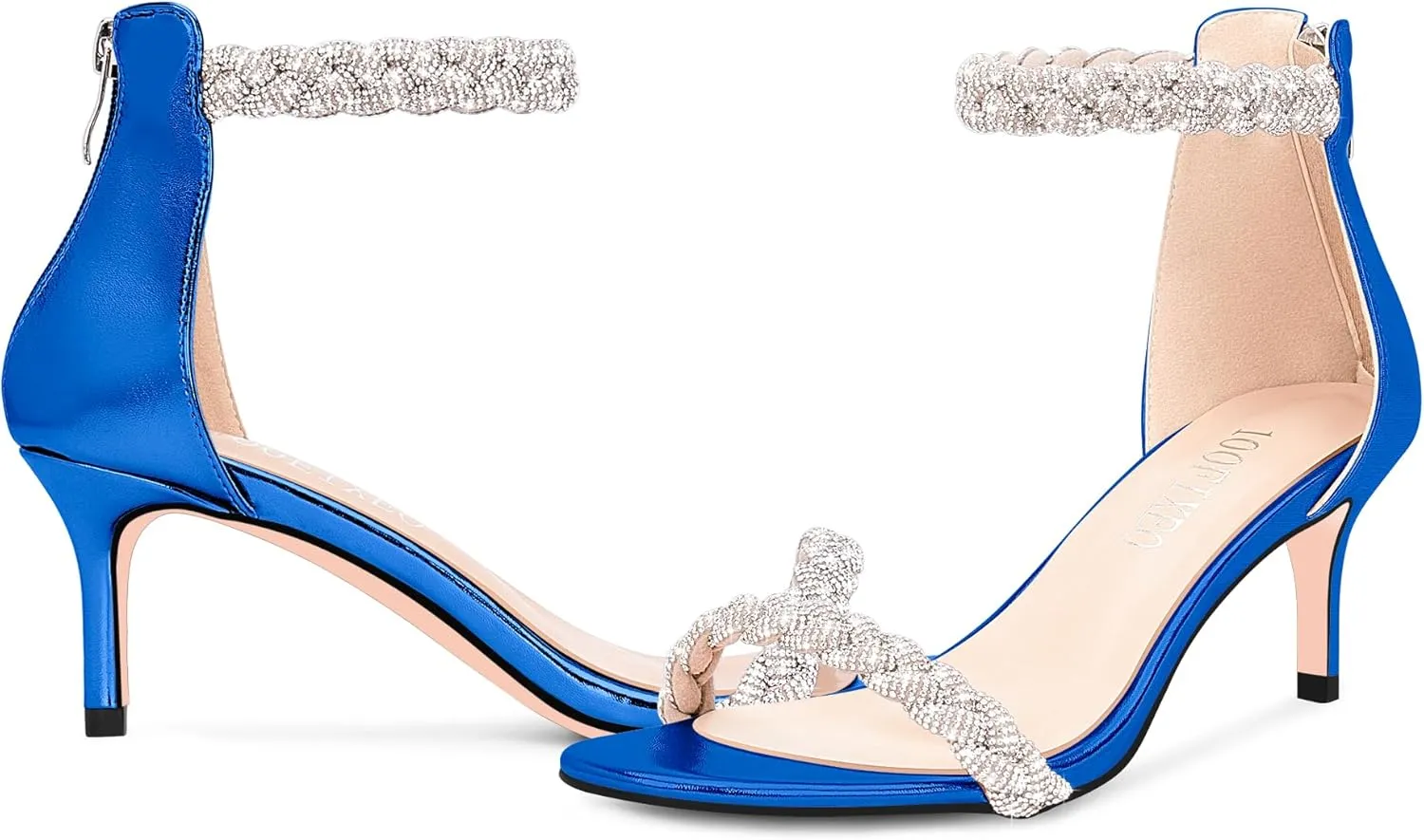 100FIXEO Women's Rhinestone Low Stiletto Heels Ankle Strap Open Toe Heeled Sandals Wedding Dress Shoes