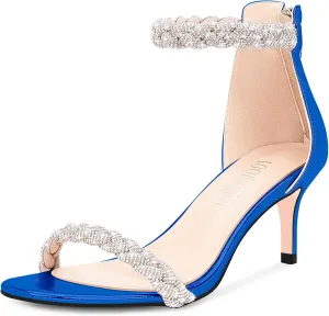 100FIXEO Women's Rhinestone Low Stiletto Heels Ankle Strap Open Toe Heeled Sandals Wedding Dress Shoes