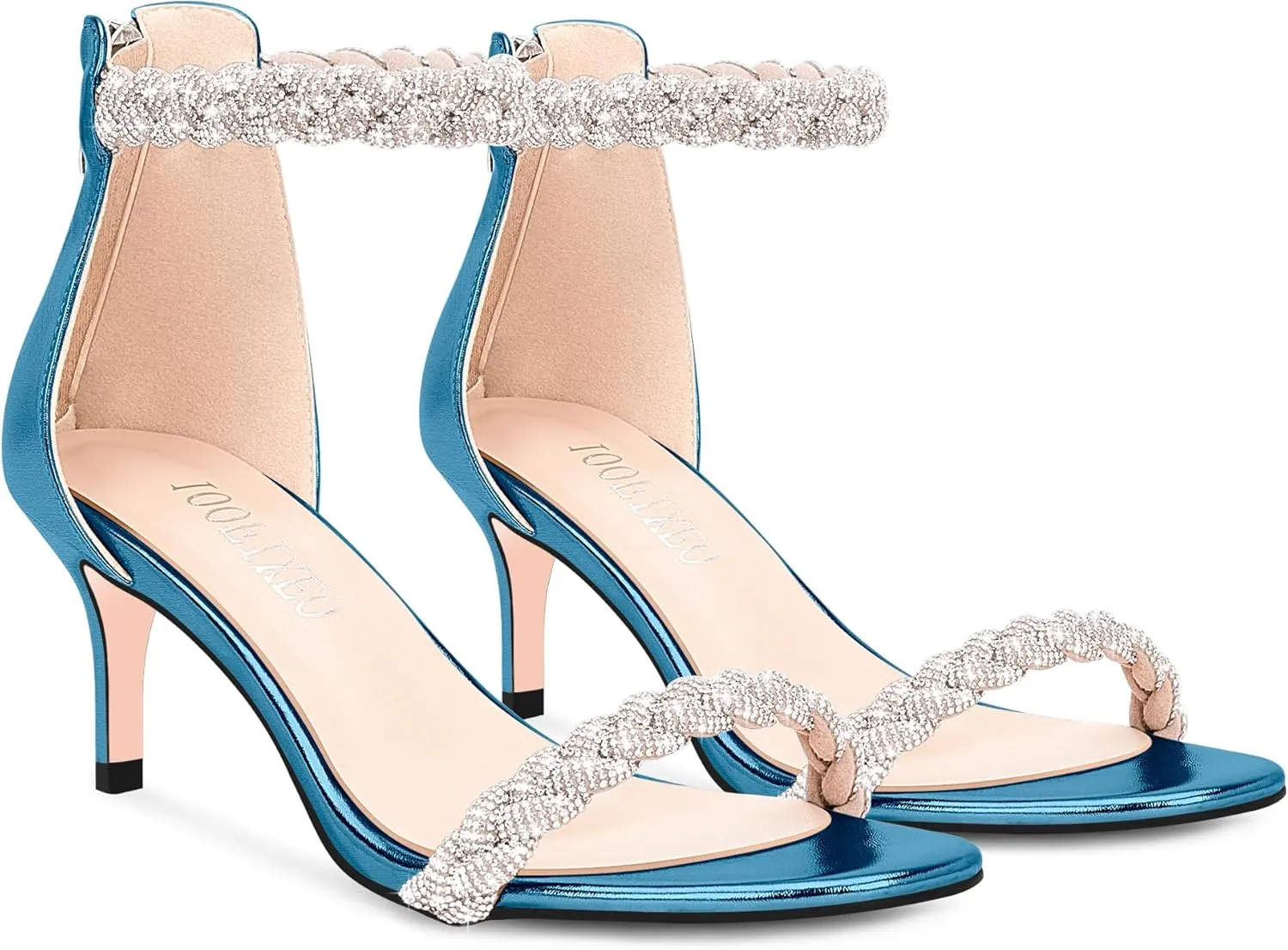 100FIXEO Women's Rhinestone Low Stiletto Heels Ankle Strap Open Toe Heeled Sandals Wedding Dress Shoes