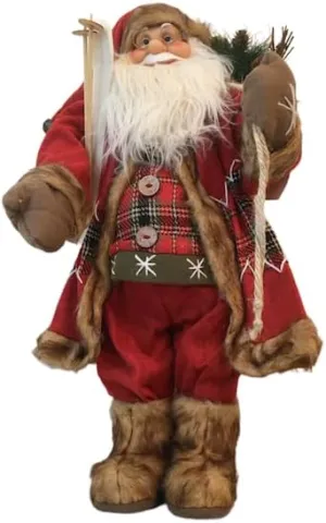 24" Snow Ski Alpine Santa Clause with Plaid Wooden Button- Faux Fur Trimmed Santa Suit and Over The Shoulder Filled Burlap Present Bag