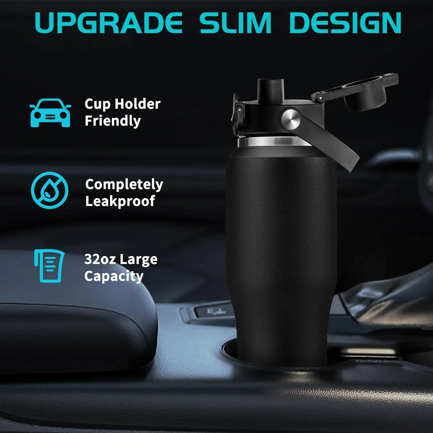 32oz Stainless Steel Water Bottle, Cold-48H & Hot-24H, Water Flask Thermal with Straw & Spout Lids, Pouch, Vacuum Insulated Bottle for Father's Day Gift Black