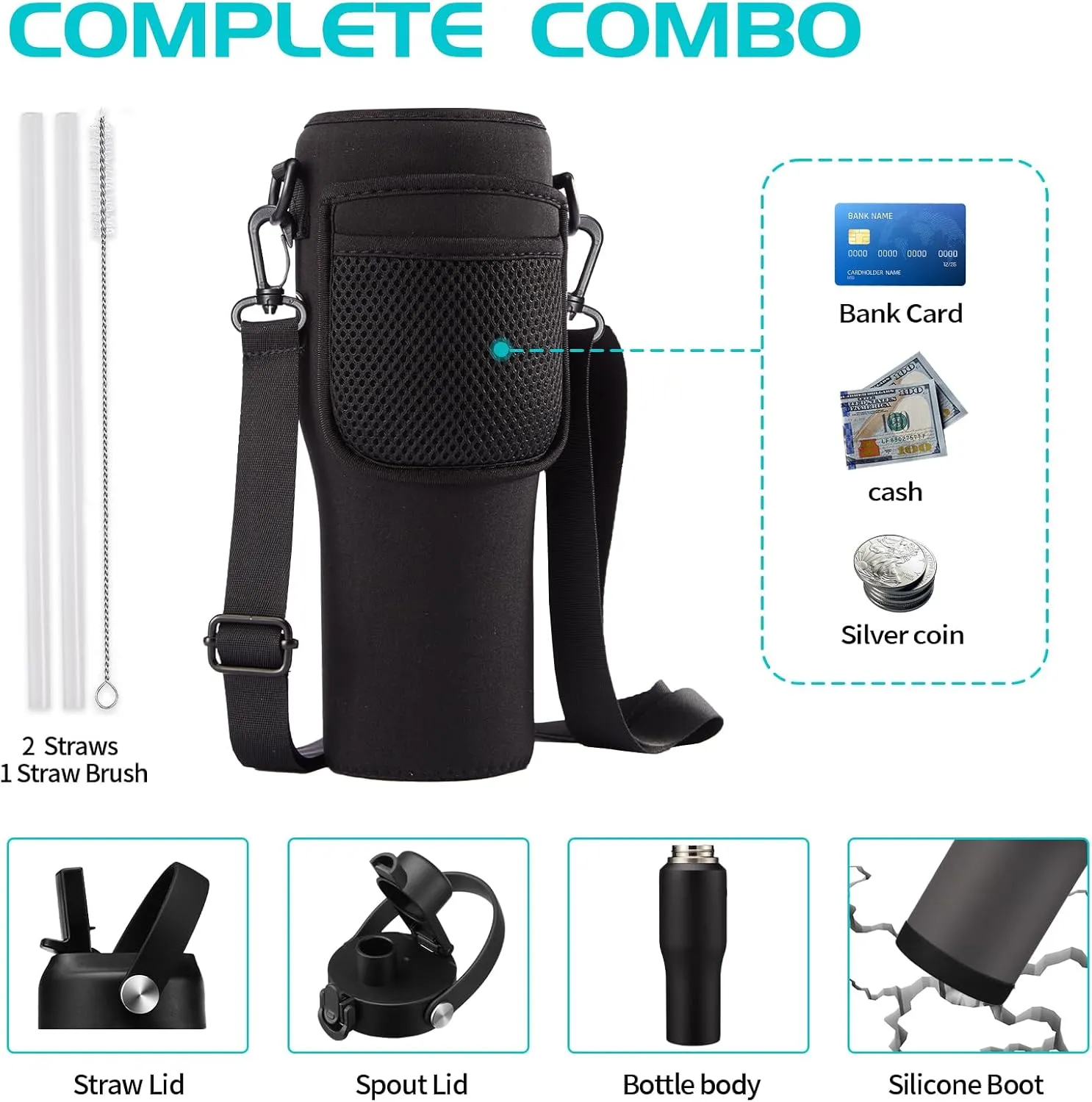 32oz Stainless Steel Water Bottle, Cold-48H & Hot-24H, Water Flask Thermal with Straw & Spout Lids, Pouch, Vacuum Insulated Bottle for Father's Day Gift Black