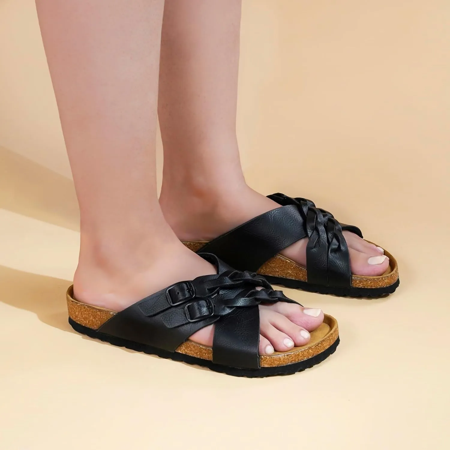AEROTHOTIC Cork Recovery Slides for Women with Plantar Fasciitis Relief Comfortable Suede Footbed with Adjustable Buckle Cross Strappy Slip on Casual Travel Walking Beach Ladies Sandals