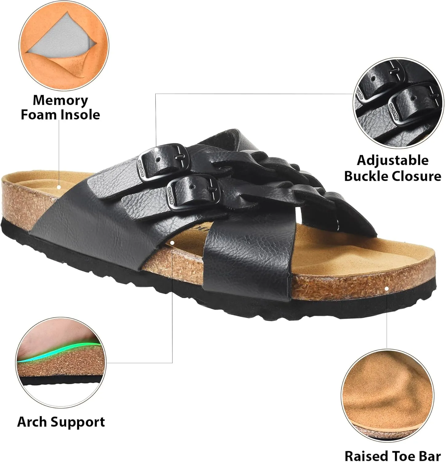AEROTHOTIC Cork Recovery Slides for Women with Plantar Fasciitis Relief Comfortable Suede Footbed with Adjustable Buckle Cross Strappy Slip on Casual Travel Walking Beach Ladies Sandals