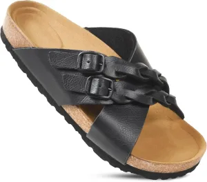 AEROTHOTIC Cork Recovery Slides for Women with Plantar Fasciitis Relief Comfortable Suede Footbed with Adjustable Buckle Cross Strappy Slip on Casual Travel Walking Beach Ladies Sandals