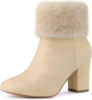 Allegra K Women's Christmas Faux Fur Chunky Heel Ankle Boots