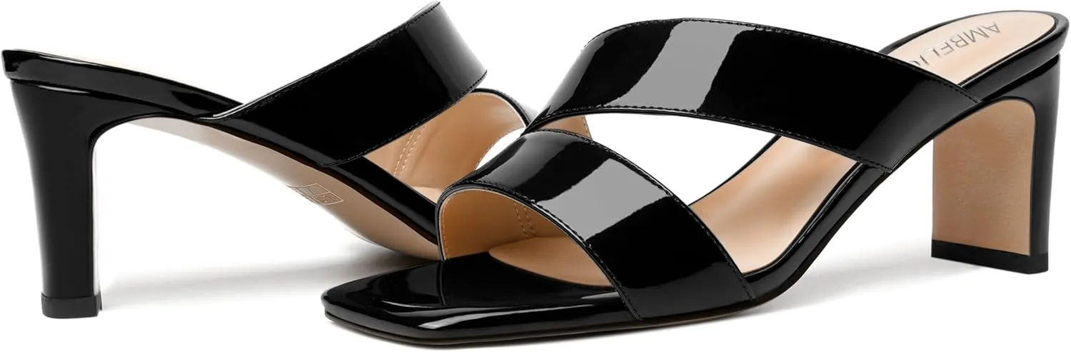 AMBELIGHT Womens Patent Night Club Dress Square Toe Slip On Block Mid Heel Sandals 2.5 Inch