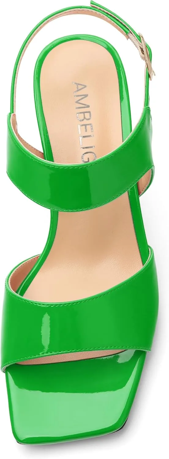 AMBELIGHT Women's Summer Square Open Toe Chunky Mid Heeled Sandals Ankle Buckle Slingback Patent Block Heels For Daily Wear Comfortable Dressy Wedding Vacation Shoes For Women