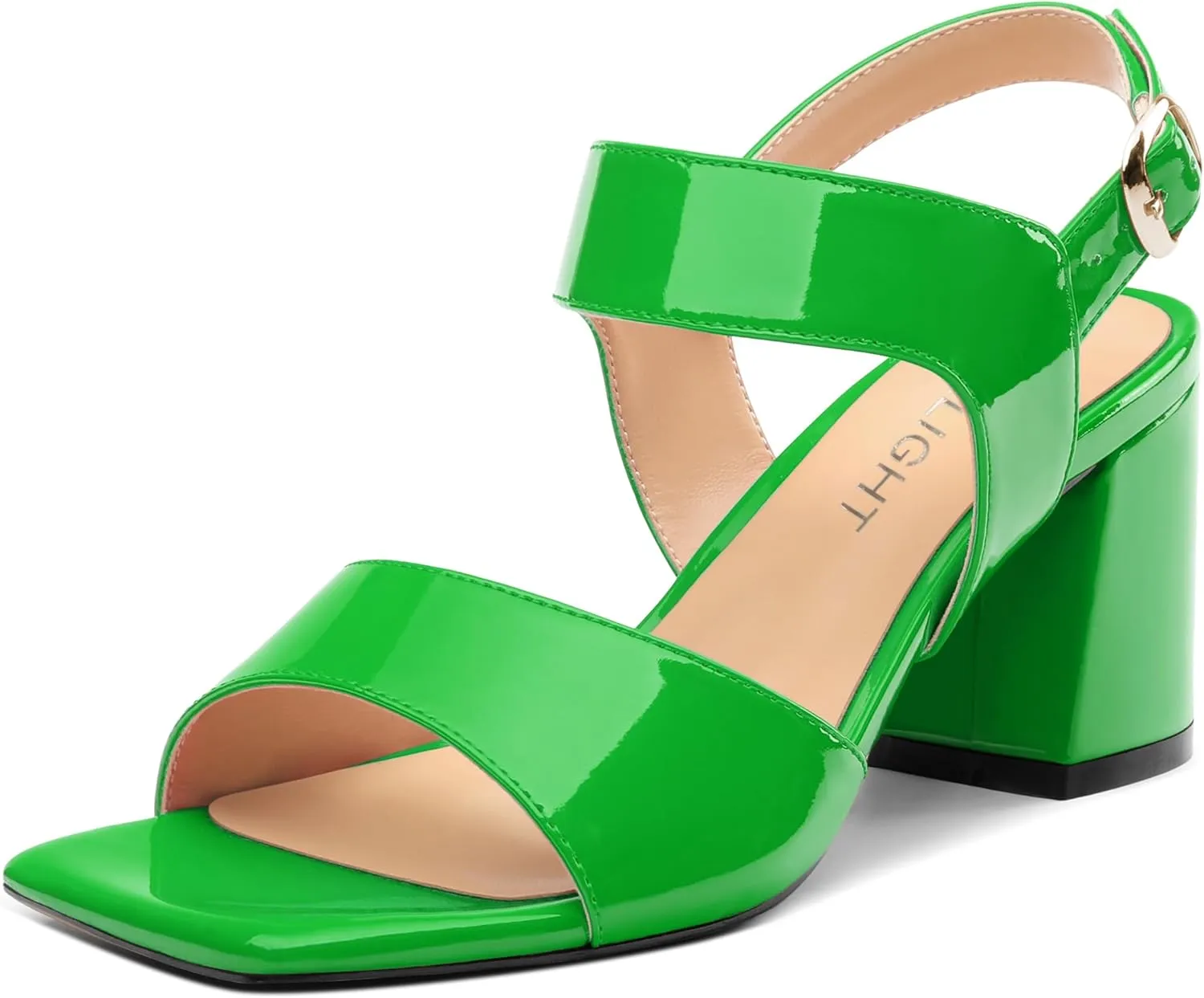 AMBELIGHT Women's Summer Square Open Toe Chunky Mid Heeled Sandals Ankle Buckle Slingback Patent Block Heels For Daily Wear Comfortable Dressy Wedding Vacation Shoes For Women