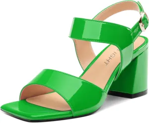 AMBELIGHT Women's Summer Square Open Toe Chunky Mid Heeled Sandals Ankle Buckle Slingback Patent Block Heels For Daily Wear Comfortable Dressy Wedding Vacation Shoes For Women