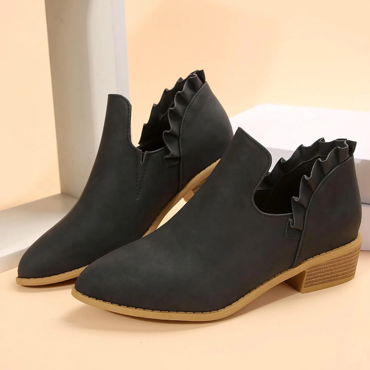 AMDBEL Womens Boots Ankle, Ankle Booties Low Heel Short Boots V Cut Chelsea Boots Pointd Toe Fall Winter Dressy Shoes