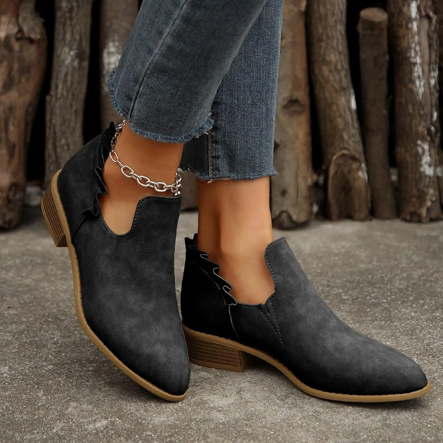 AMDBEL Womens Boots Ankle, Ankle Booties Low Heel Short Boots V Cut Chelsea Boots Pointd Toe Fall Winter Dressy Shoes