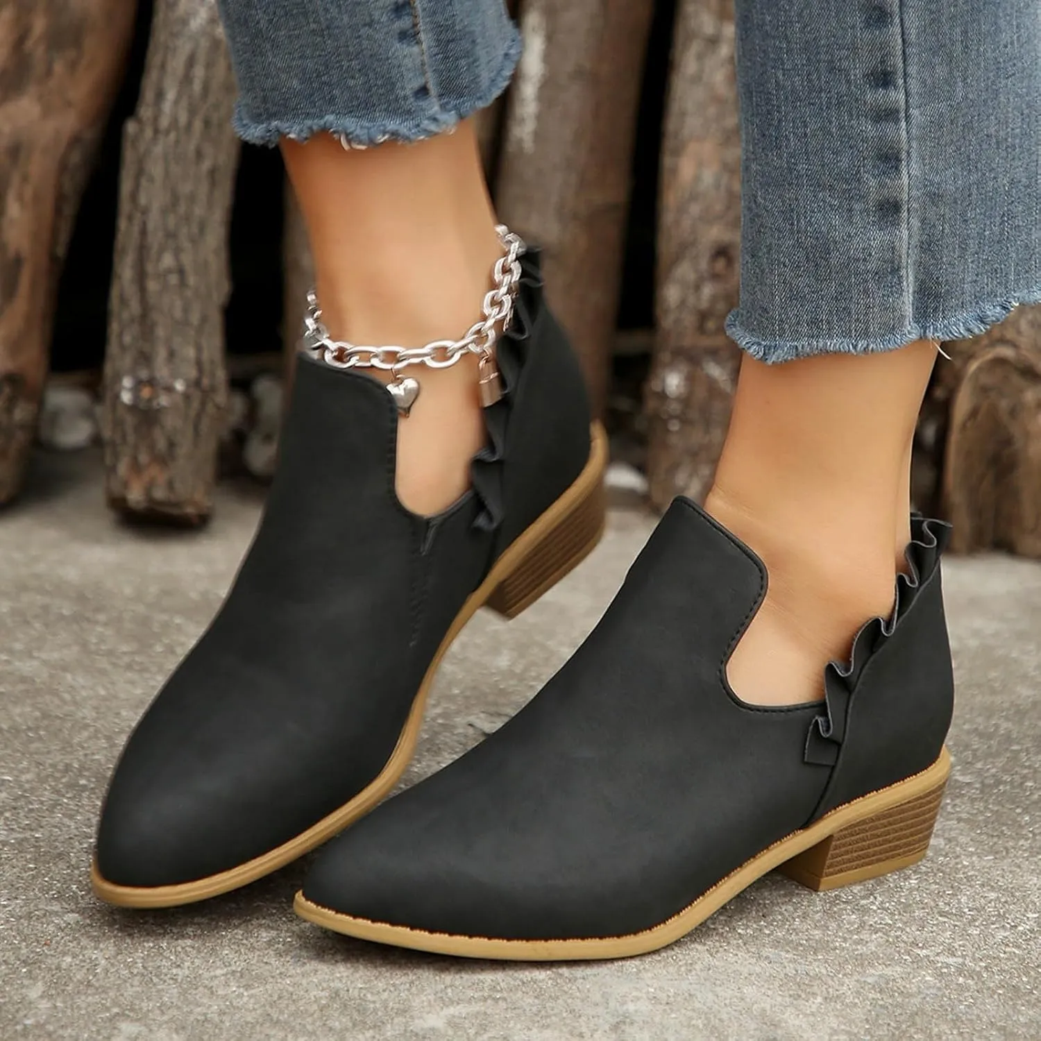 AMDBEL Womens Boots Ankle, Ankle Booties Low Heel Short Boots V Cut Chelsea Boots Pointd Toe Fall Winter Dressy Shoes