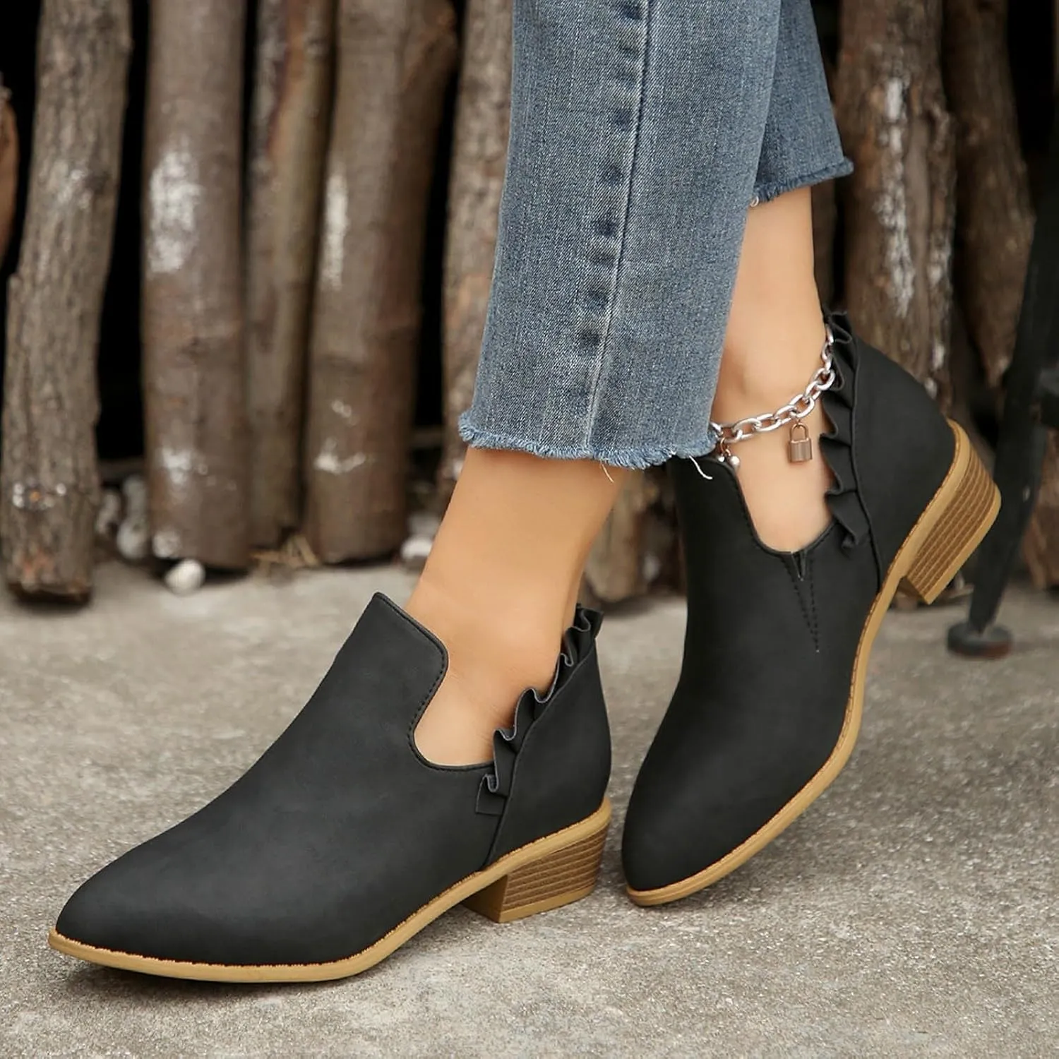 AMDBEL Womens Boots Ankle, Ankle Booties Low Heel Short Boots V Cut Chelsea Boots Pointd Toe Fall Winter Dressy Shoes