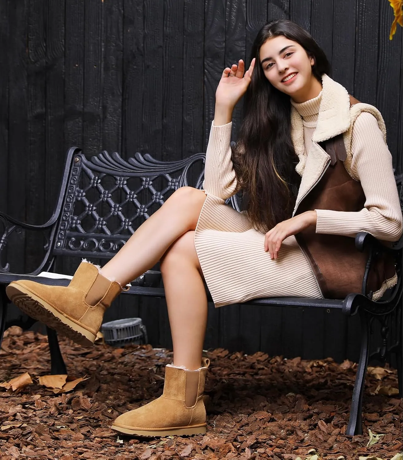 Ankis Women's Velvet Snow Boots, Waterproof Winter Chelsea Boots, Thickened and Fur Lined, Black, Chestnut Brown