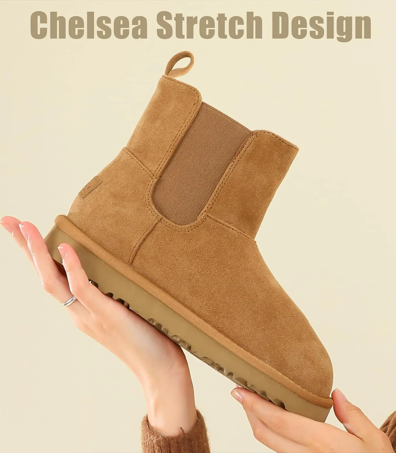 Ankis Women's Velvet Snow Boots, Waterproof Winter Chelsea Boots, Thickened and Fur Lined, Black, Chestnut Brown