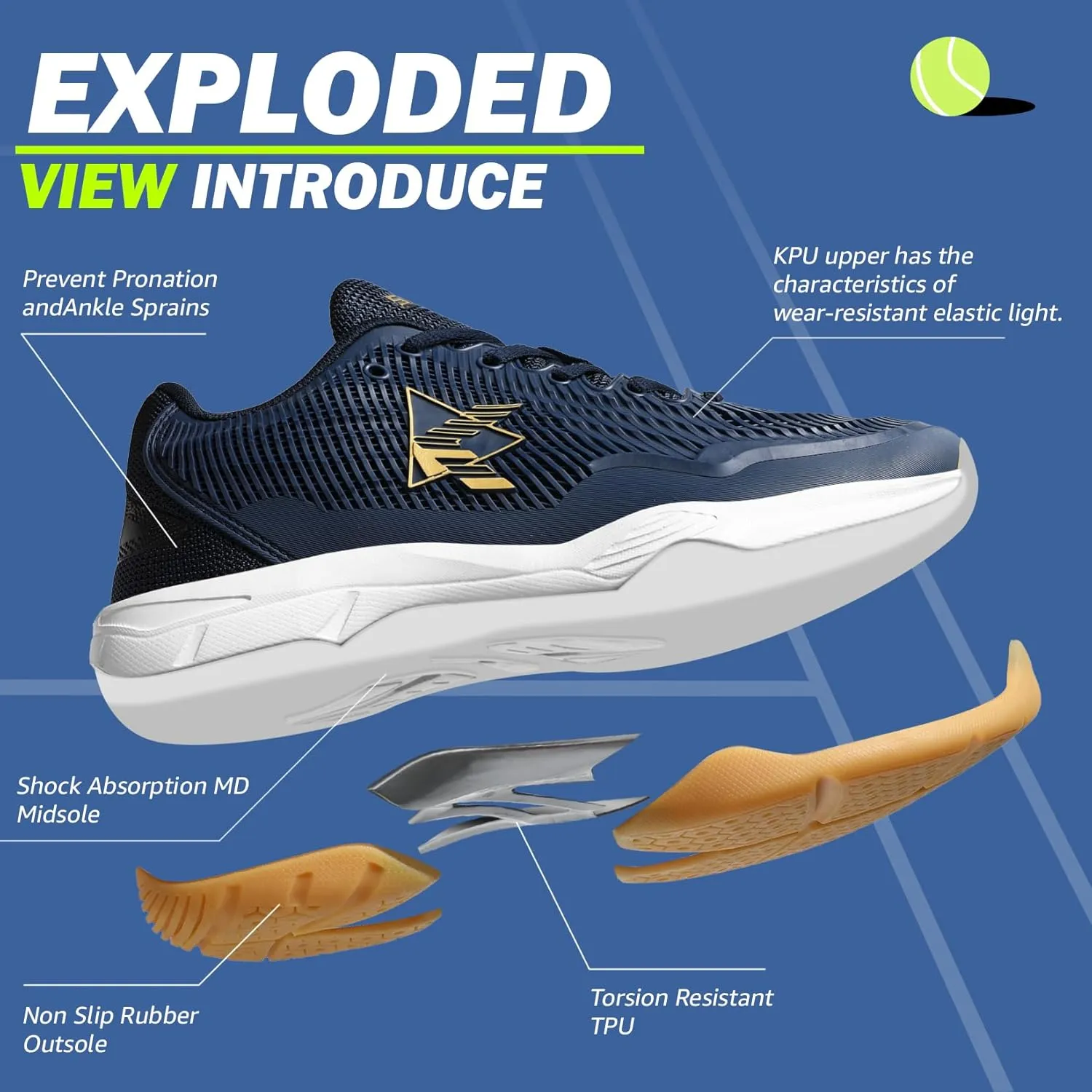ASHION Pickleball Shoes for Men Tennis Shoes Sneakers for All Court Racquetball Athletic Shoes for Racquet Sport | Arch Support