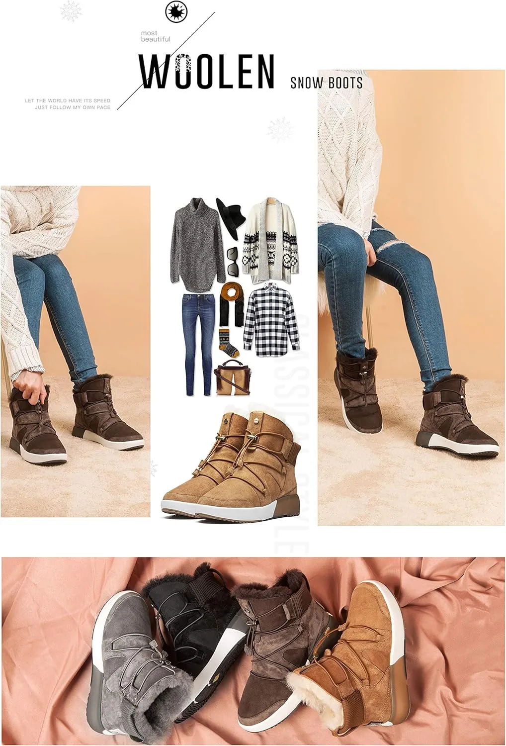 AU&MU Sheepskin Cross Elastic Bnad Metal Short Ankle Fur Wool Lining Winter Snow Boots…