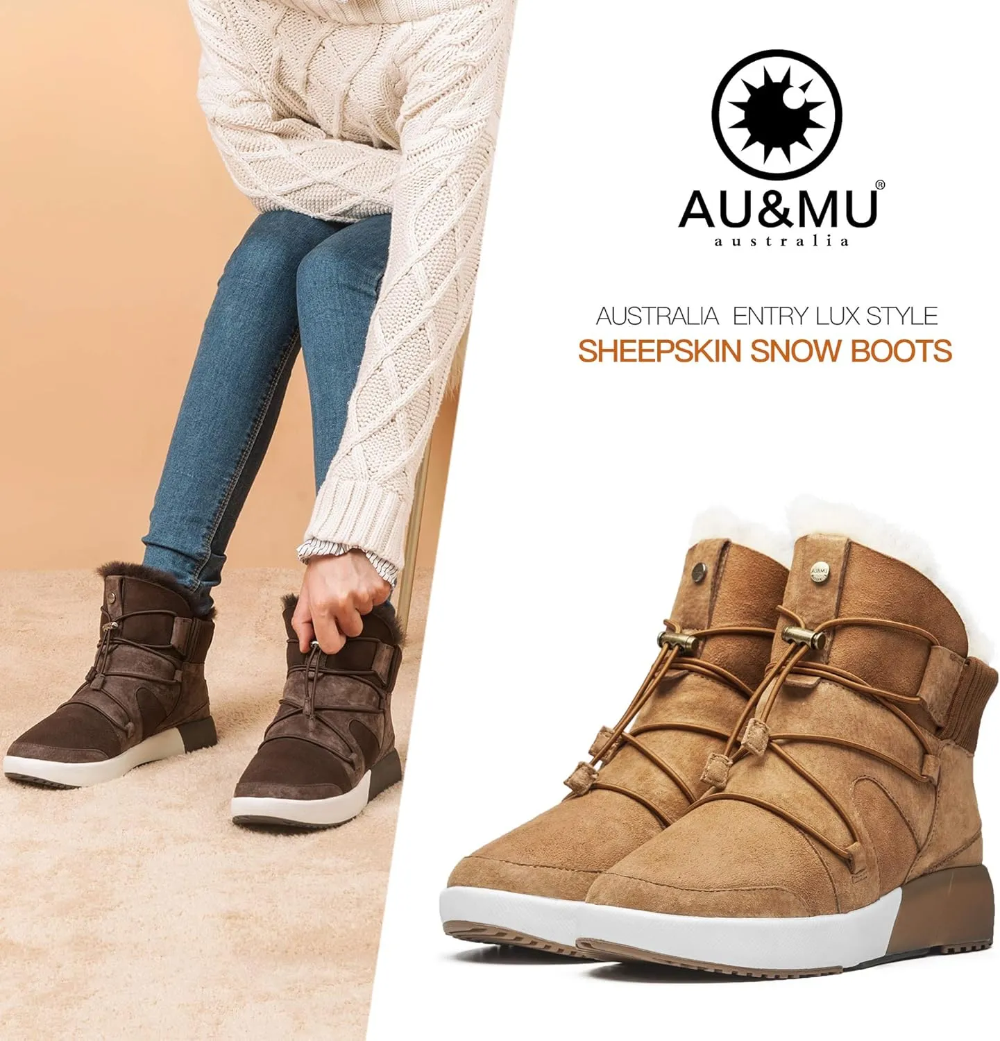 AU&MU Sheepskin Cross Elastic Bnad Metal Short Ankle Fur Wool Lining Winter Snow Boots…