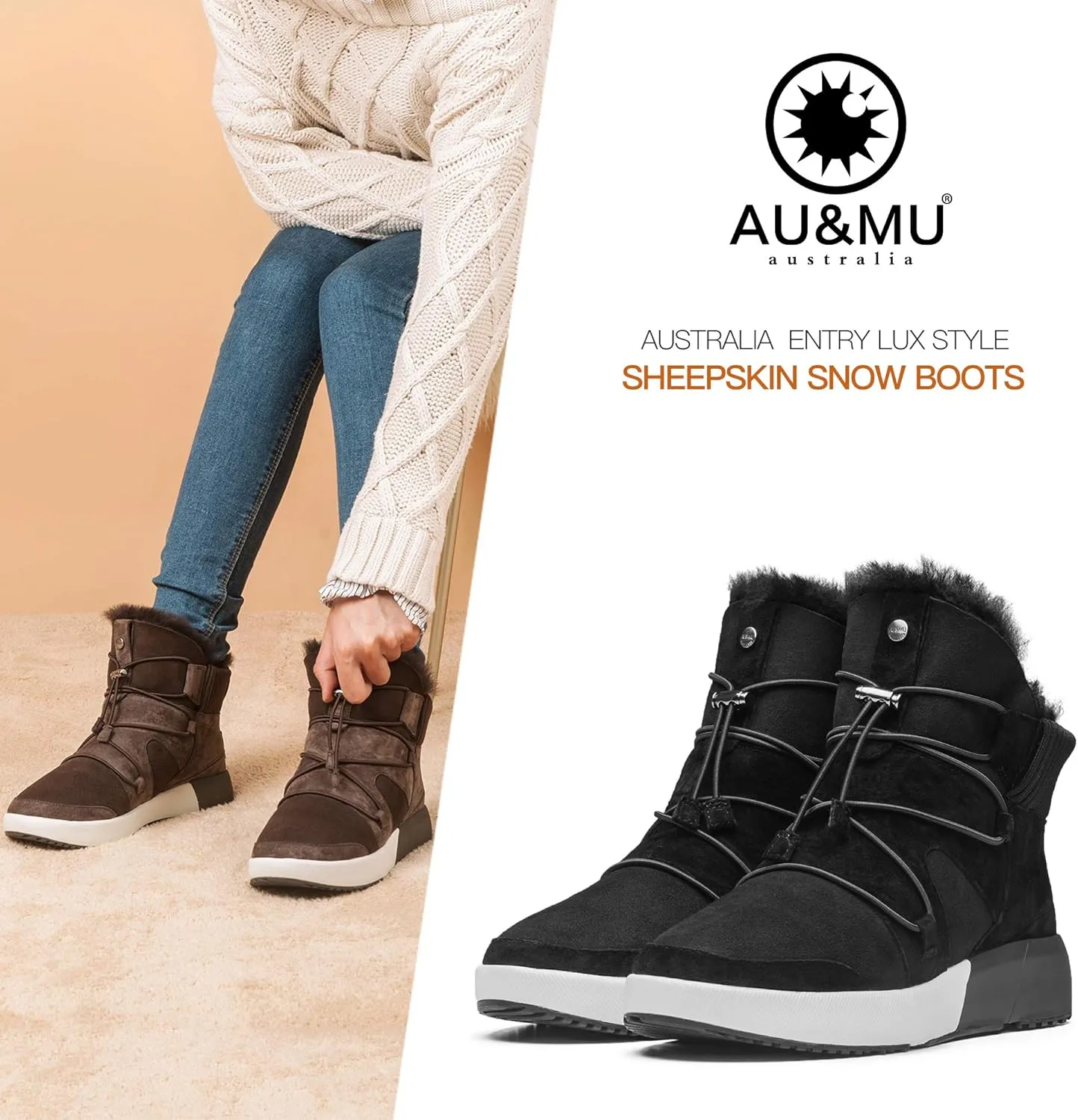 AU&MU Sheepskin Cross Elastic Bnad Metal Short Ankle Fur Wool Lining Winter Snow Boots…