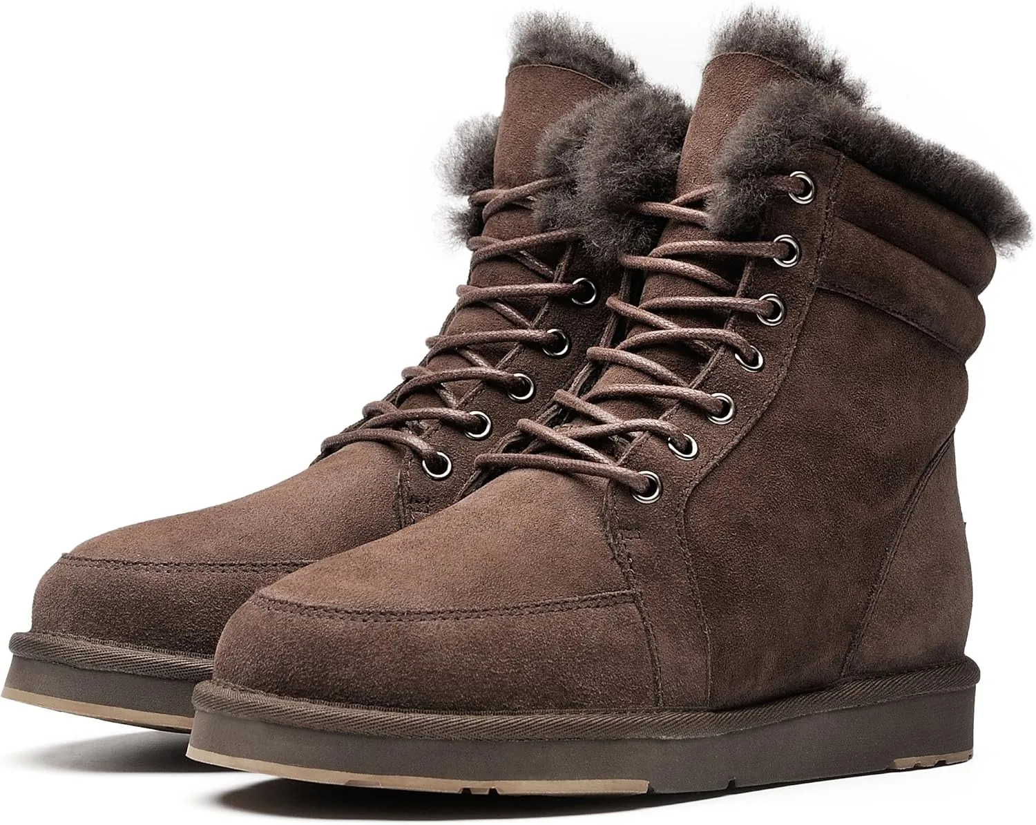 AU&MU Unisex Lace-Up Suede Short Sheepskin Winter Snow Boots