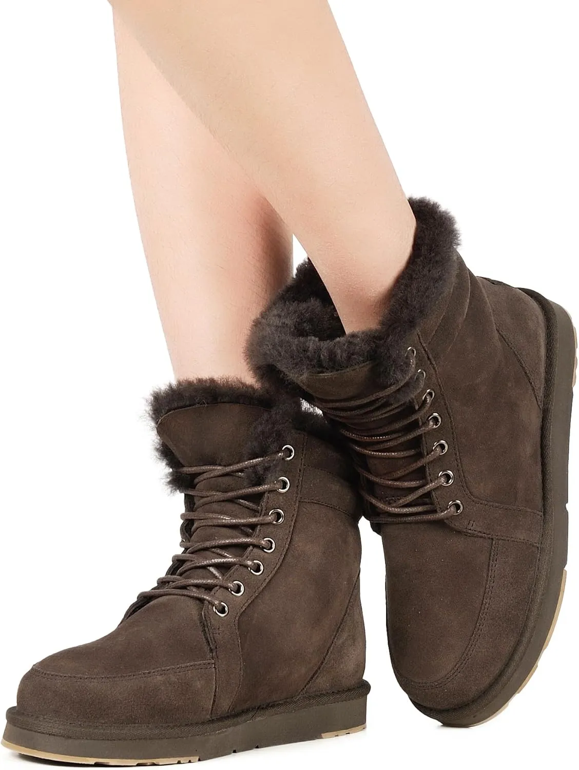 AU&MU Unisex Lace-Up Suede Short Sheepskin Winter Snow Boots