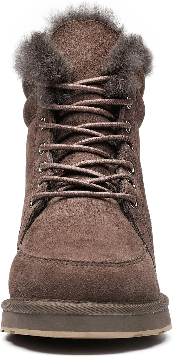AU&MU Unisex Lace-Up Suede Short Sheepskin Winter Snow Boots