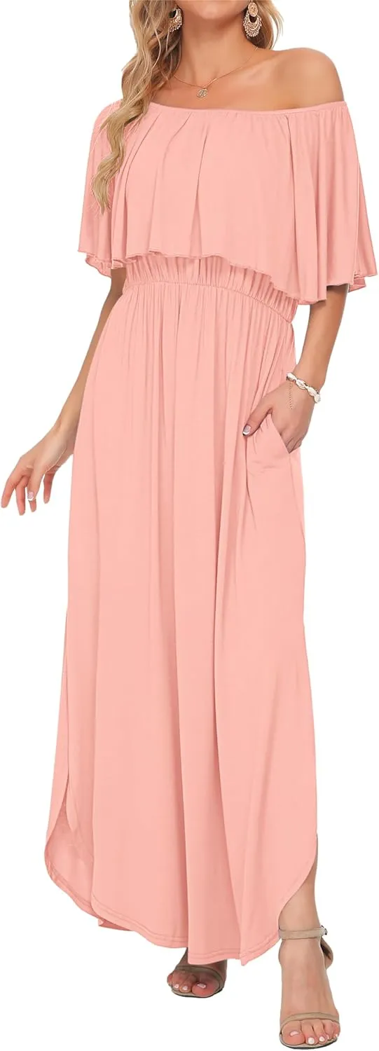 AUSELILY Womens Off The Shoulder Dress Summer Casual Long Ruffle Party Side Split Beach Maxi Dresses with Pockets