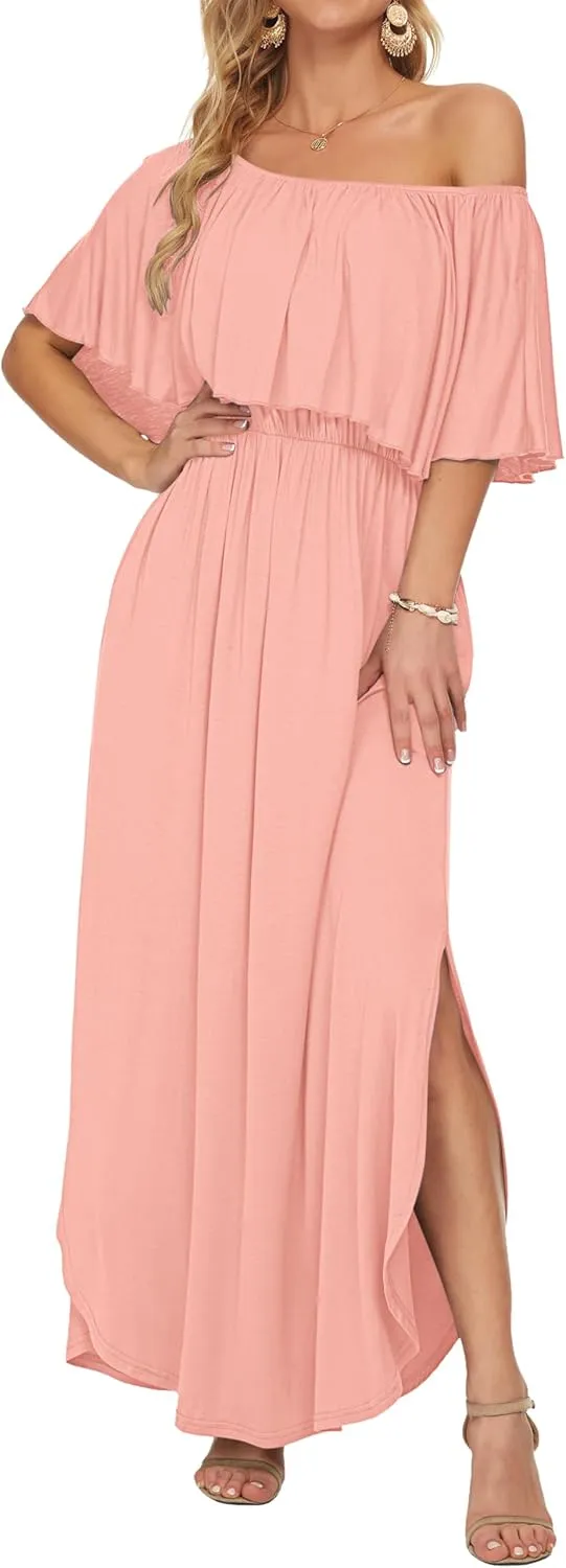 AUSELILY Womens Off The Shoulder Dress Summer Casual Long Ruffle Party Side Split Beach Maxi Dresses with Pockets