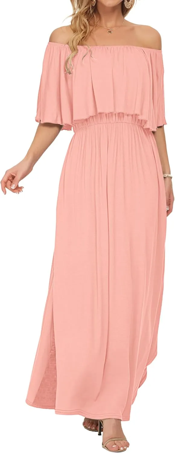 AUSELILY Womens Off The Shoulder Dress Summer Casual Long Ruffle Party Side Split Beach Maxi Dresses with Pockets