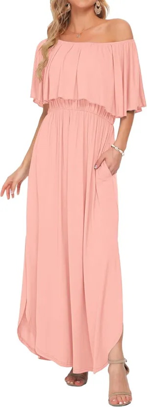 AUSELILY Womens Off The Shoulder Dress Summer Casual Long Ruffle Party Side Split Beach Maxi Dresses with Pockets