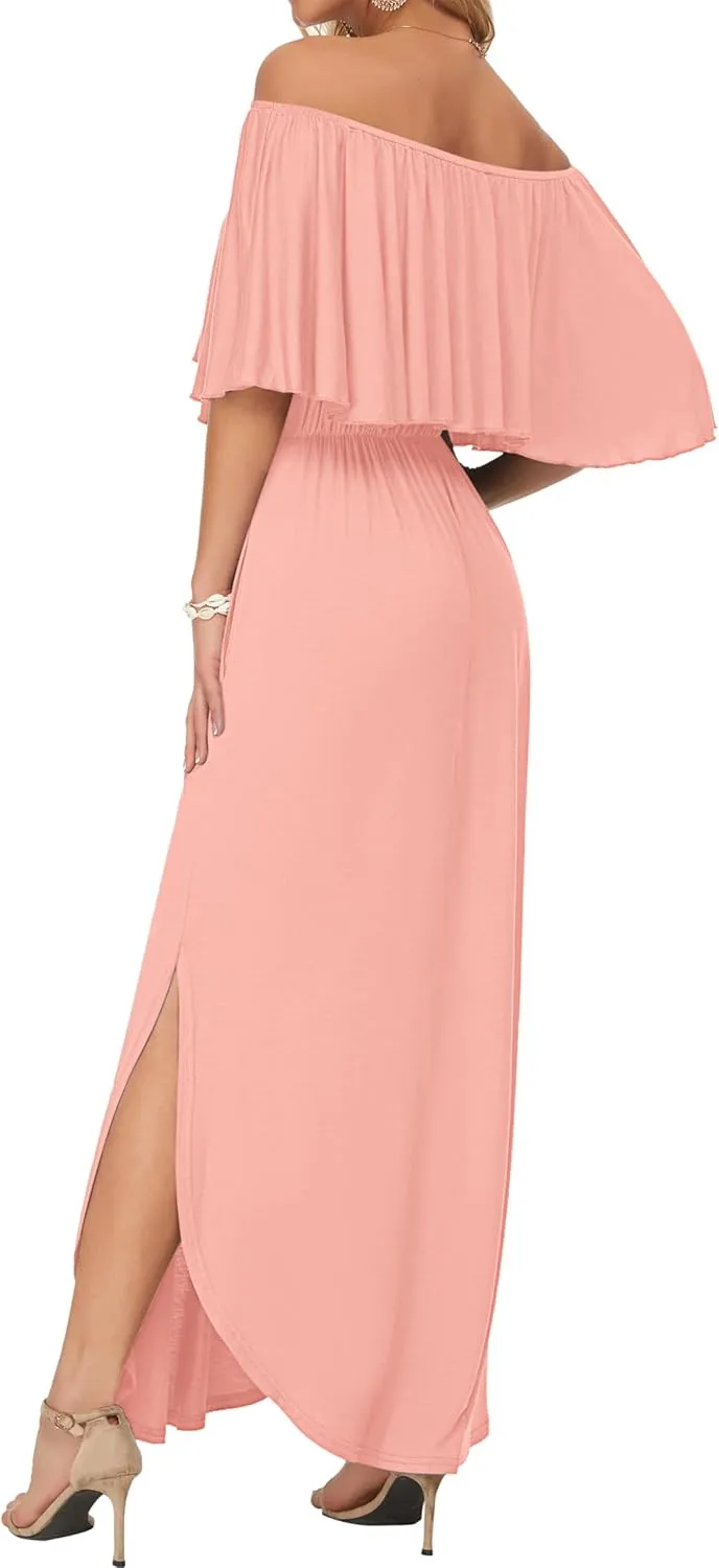 AUSELILY Womens Off The Shoulder Dress Summer Casual Long Ruffle Party Side Split Beach Maxi Dresses with Pockets