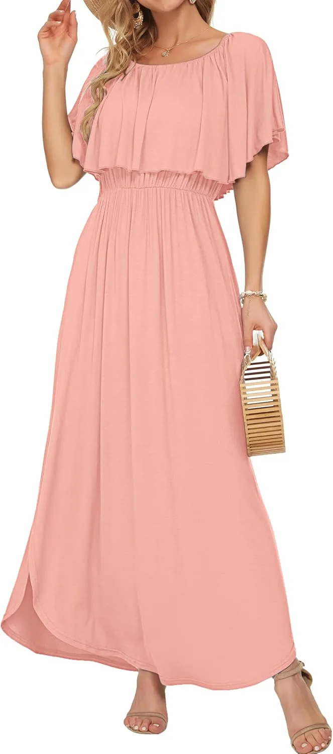 AUSELILY Womens Off The Shoulder Dress Summer Casual Long Ruffle Party Side Split Beach Maxi Dresses with Pockets