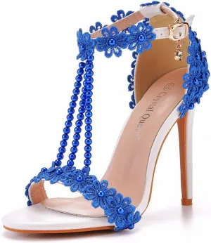 bbruriy Women Full Lace Beaded Pumps Stilettos High Heels with Floral Lace Pearls Beaded T-Strap Open Toe Heeled Sandals Bridal Wedding Party Shoes