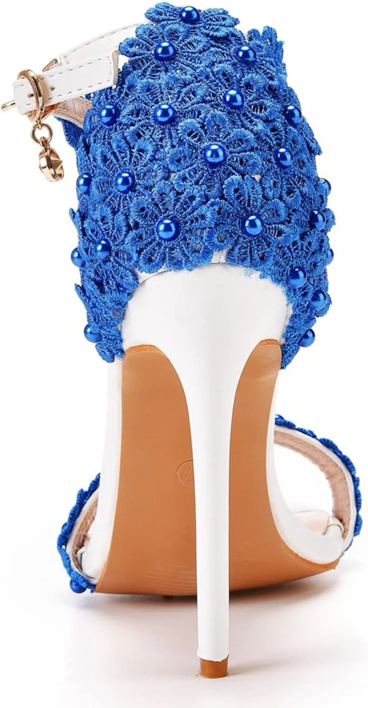 bbruriy Women Full Lace Beaded Pumps Stilettos High Heels with Floral Lace Pearls Beaded T-Strap Open Toe Heeled Sandals Bridal Wedding Party Shoes