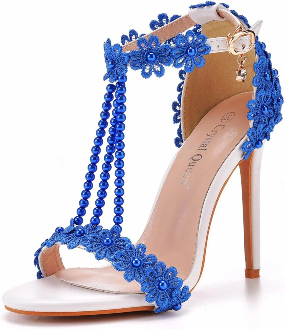 bbruriy Women Full Lace Beaded Pumps Stilettos High Heels with Floral Lace Pearls Beaded T-Strap Open Toe Heeled Sandals Bridal Wedding Party Shoes