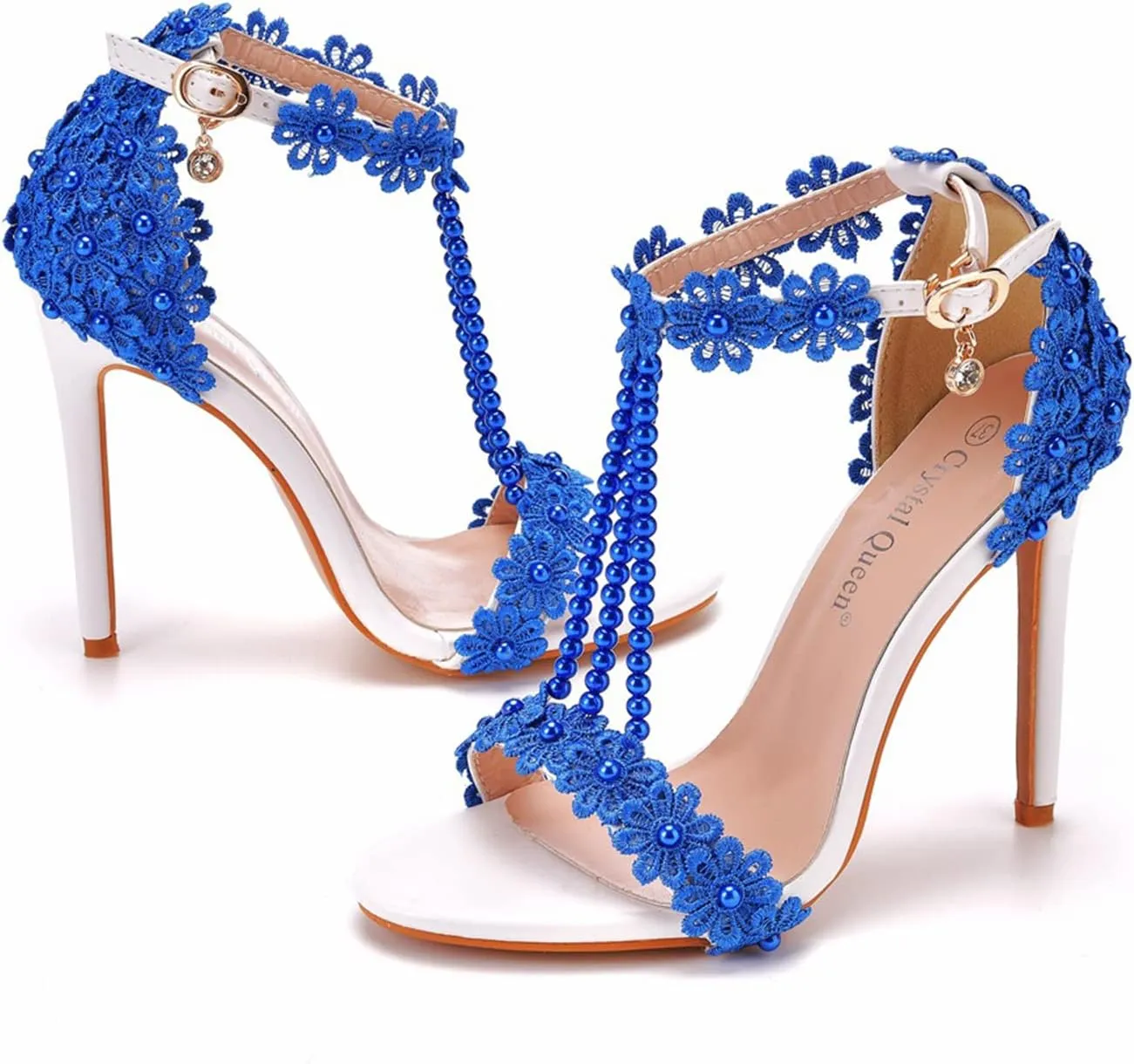 bbruriy Women Full Lace Beaded Pumps Stilettos High Heels with Floral Lace Pearls Beaded T-Strap Open Toe Heeled Sandals Bridal Wedding Party Shoes