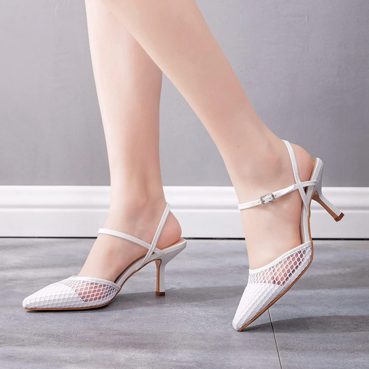 bbruriy Women's Ankle Strap Kitten Heels Breathable Mesh Slingback Sandals Closed Pointed Toe Comfort Dress Party Pumps Shoes