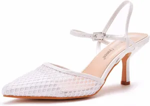 bbruriy Women's Ankle Strap Kitten Heels Breathable Mesh Slingback Sandals Closed Pointed Toe Comfort Dress Party Pumps Shoes