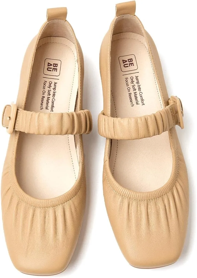 BEAU TODAY Mary Jane Shoes Women, Ballet Flats Shoes for Women, Buckle Strap Genuine Leather Flats, Comfortable Square Toe Dressy Mary Jane Flats Trendy