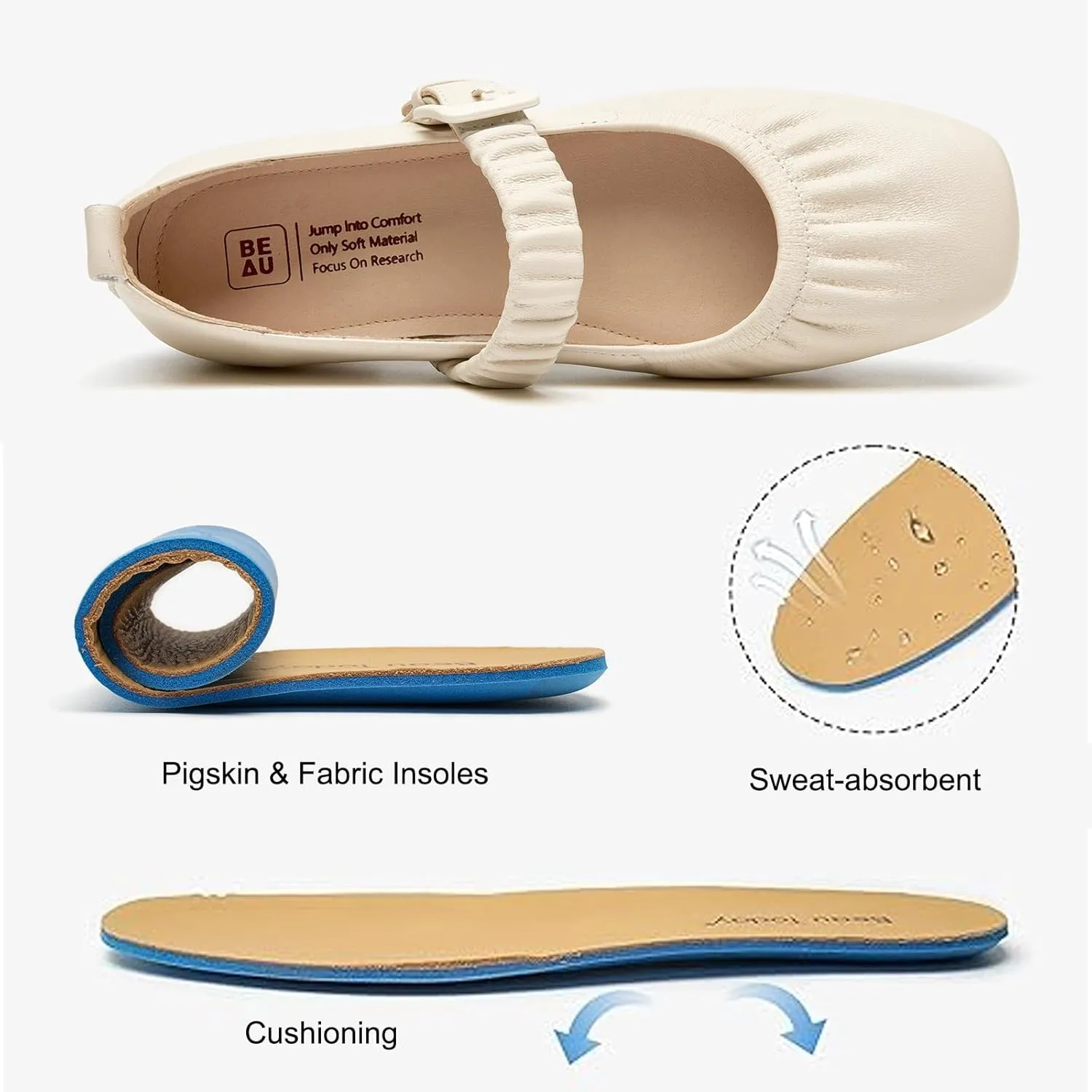 BEAU TODAY Mary Jane Shoes Women, Ballet Flats Shoes for Women, Buckle Strap Genuine Leather Flats, Comfortable Square Toe Dressy Mary Jane Flats Trendy