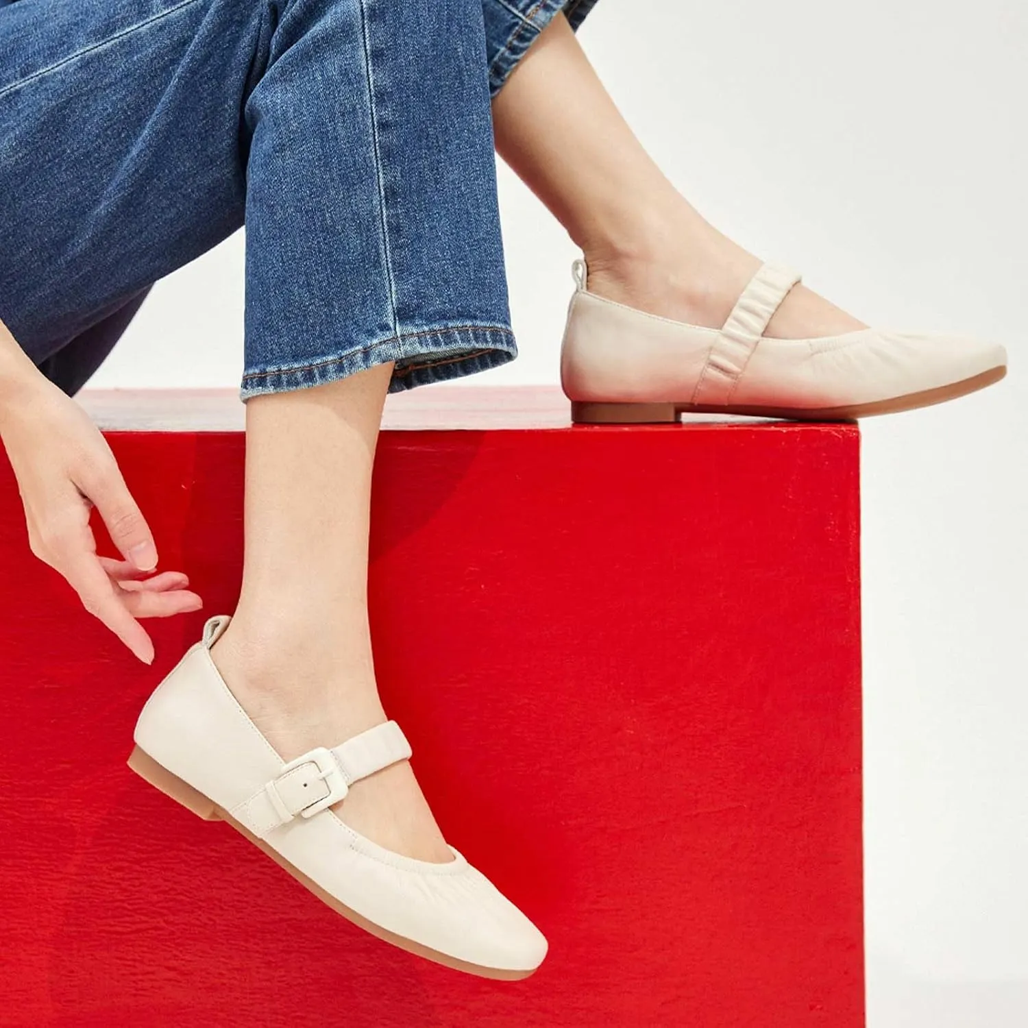 BEAU TODAY Mary Jane Shoes Women, Ballet Flats Shoes for Women, Buckle Strap Genuine Leather Flats, Comfortable Square Toe Dressy Mary Jane Flats Trendy