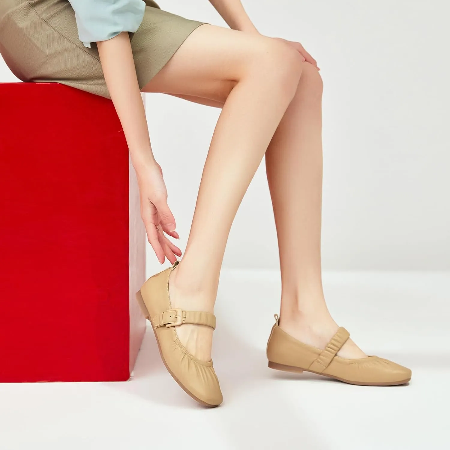 BEAU TODAY Mary Jane Shoes Women, Ballet Flats Shoes for Women, Buckle Strap Genuine Leather Flats, Comfortable Square Toe Dressy Mary Jane Flats Trendy