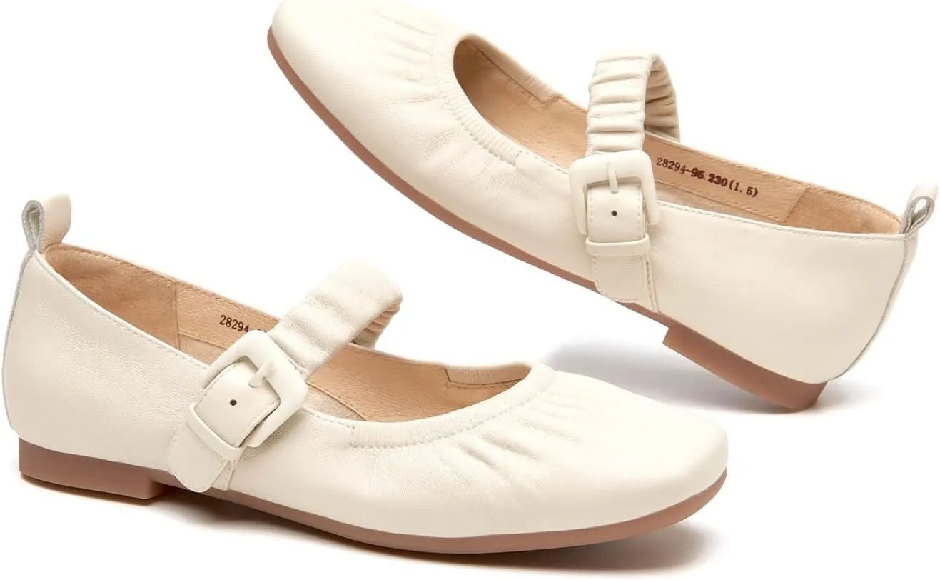 BEAU TODAY Mary Jane Shoes Women, Ballet Flats Shoes for Women, Buckle Strap Genuine Leather Flats, Comfortable Square Toe Dressy Mary Jane Flats Trendy